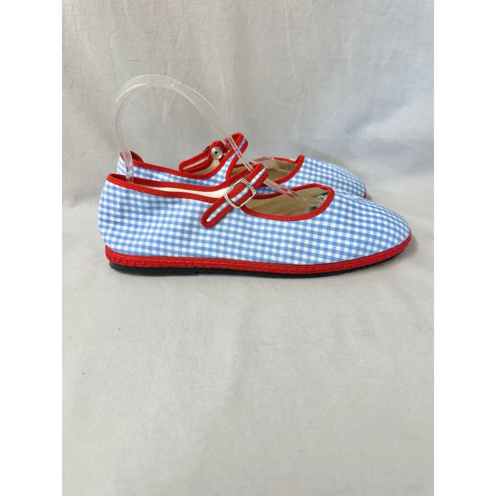 Via I Lilly Sisto Florence Mary Jane Cotton Gingham Blue Red Flats Euro 40 Italy